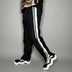 Vintage 90s Track Pants Mens M Baggy Flared Fit Jet Black Nylon White Lined